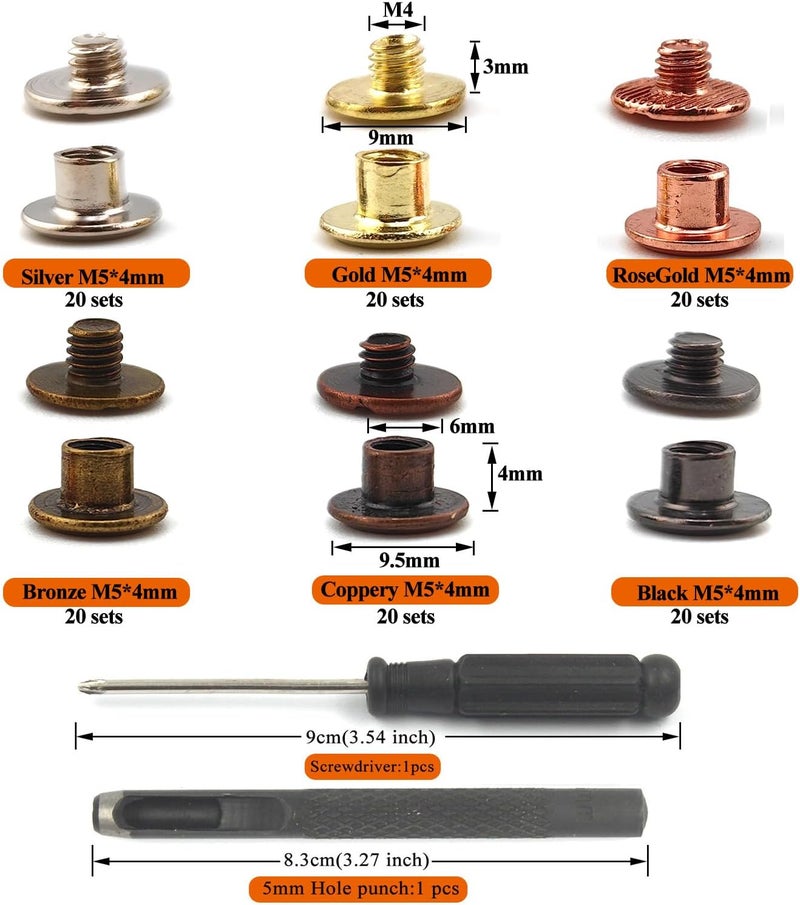 ALLOYPRO 120 Sets Chicago Screws with Hole Puncher and Screwdriver Assorted Kit 6 Color Leather Rivets Screw Flat Fillister Book Binding Posts Nail Rivet Chicago Bolts for DIY Leather Craft (5×4mm) - Image 2